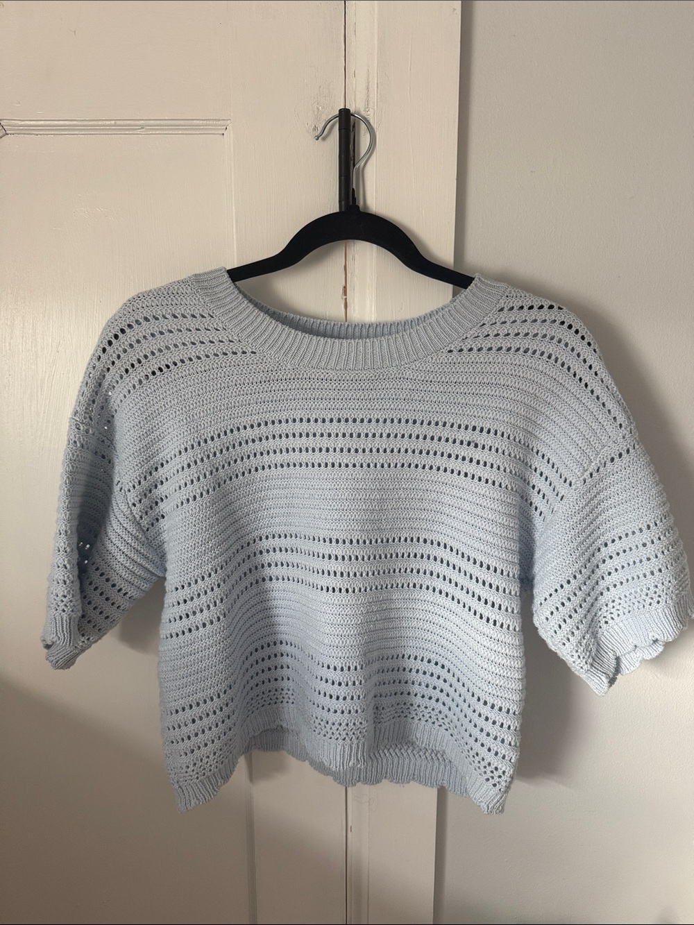 Pink Rose Pale Blue Open-Knit Cropped Sweater